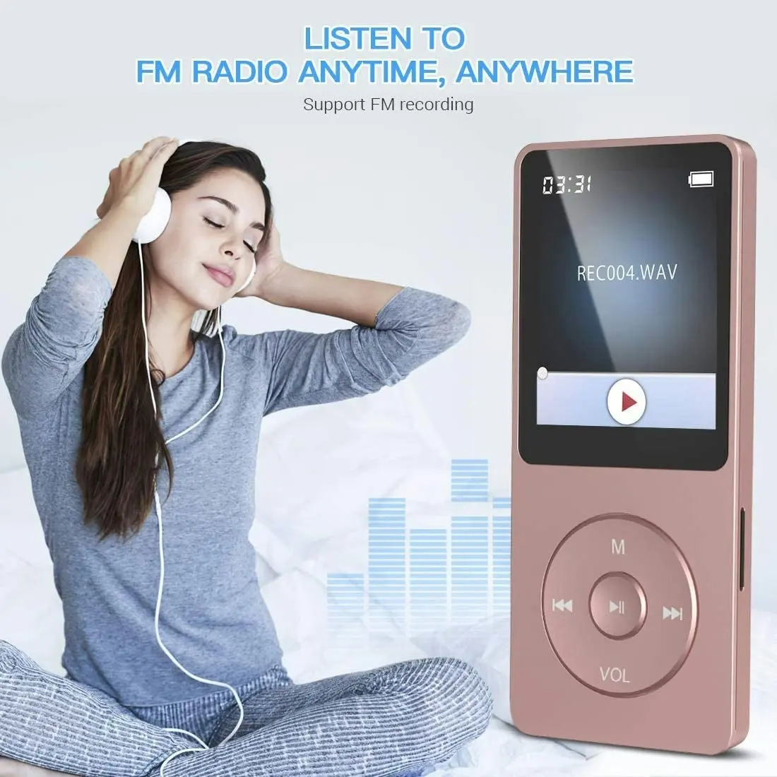 Agptek 8GB MP3 Player, A02 70 Hours Playback Lossless Sound Music Player (Supports up to 128GB), Rose Gold