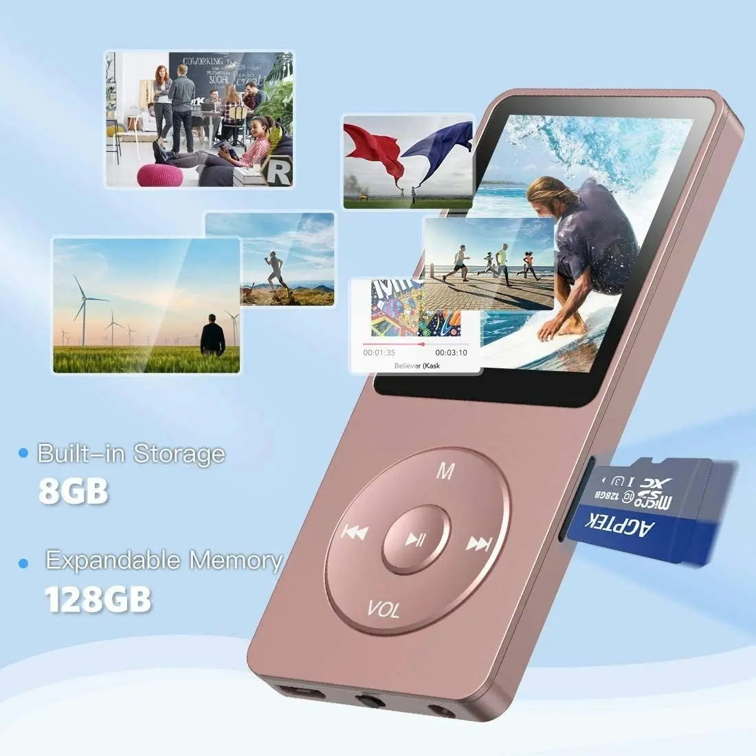 Agptek 8GB MP3 Player, A02 70 Hours Playback Lossless Sound Music Player (Supports up to 128GB), Rose Gold