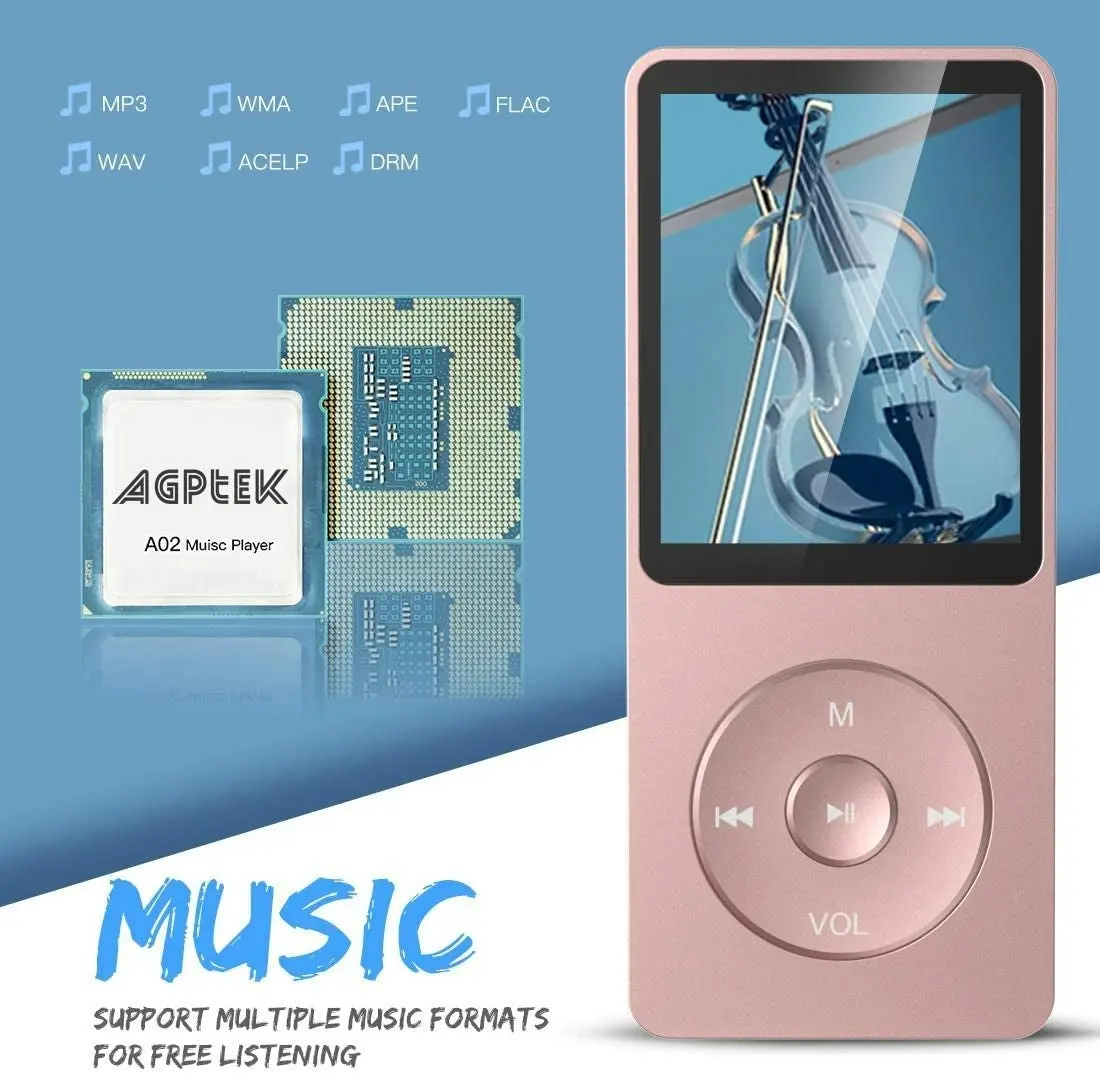 Agptek 8GB MP3 Player, A02 70 Hours Playback Lossless Sound Music Player (Supports up to 128GB), Rose Gold