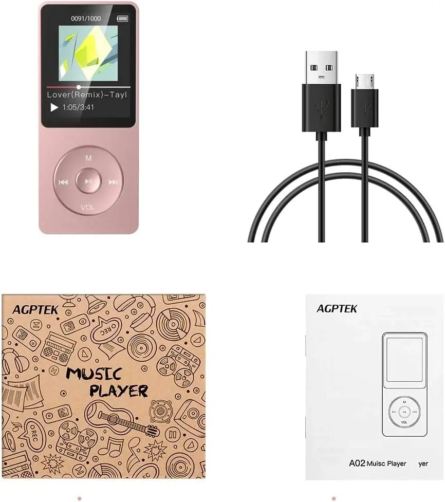 Agptek 8GB MP3 Player, A02 70 Hours Playback Lossless Sound Music Player (Supports up to 128GB), Rose Gold