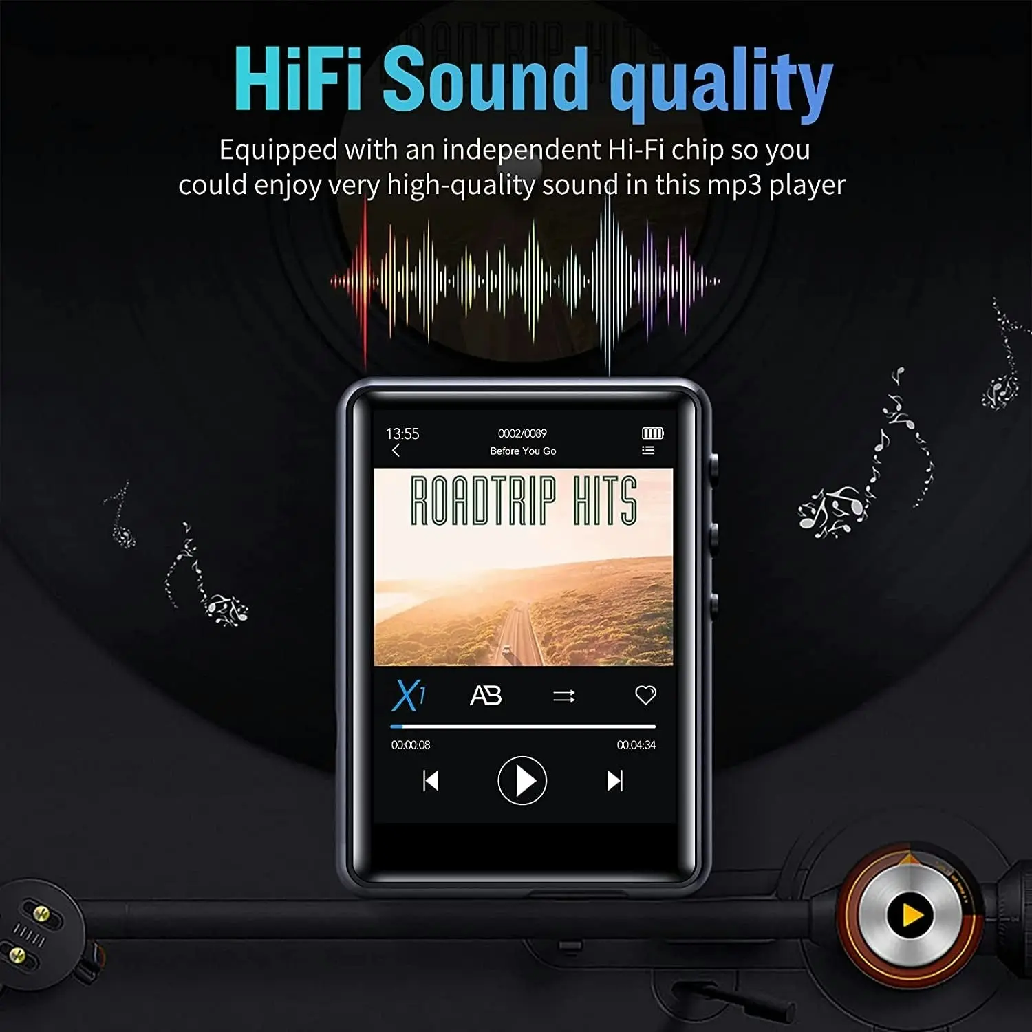 32G MP3 Player Bluetooth 5.0, Full Touch Screen Hifi Lossless MP3 Music Player, Line-In Speaker, with Line Recorder, FM Radio, Support up to 128 GB (Black)