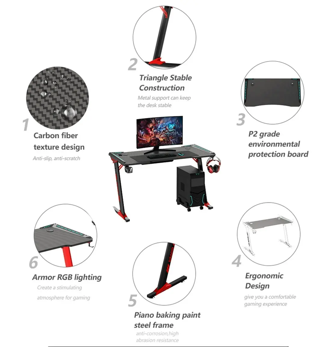 Odyssey8 Dual Panel 1.4m Gaming Desk Office Table Desktop with LED Light & Effects - Red