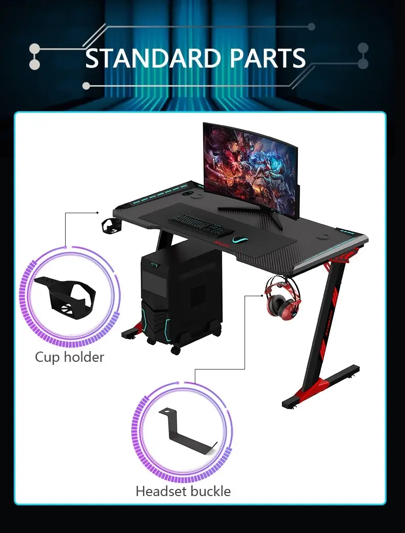 Odyssey8 Single Panel 1.4m Gaming Desk Office Table Desktop with LED Light & Effects - Black