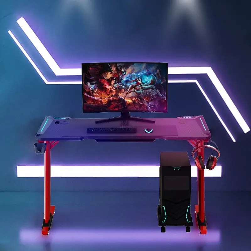 Odyssey8 Single Panel 1.4m Gaming Desk Office Table Desktop with LED Light & Effects - Red