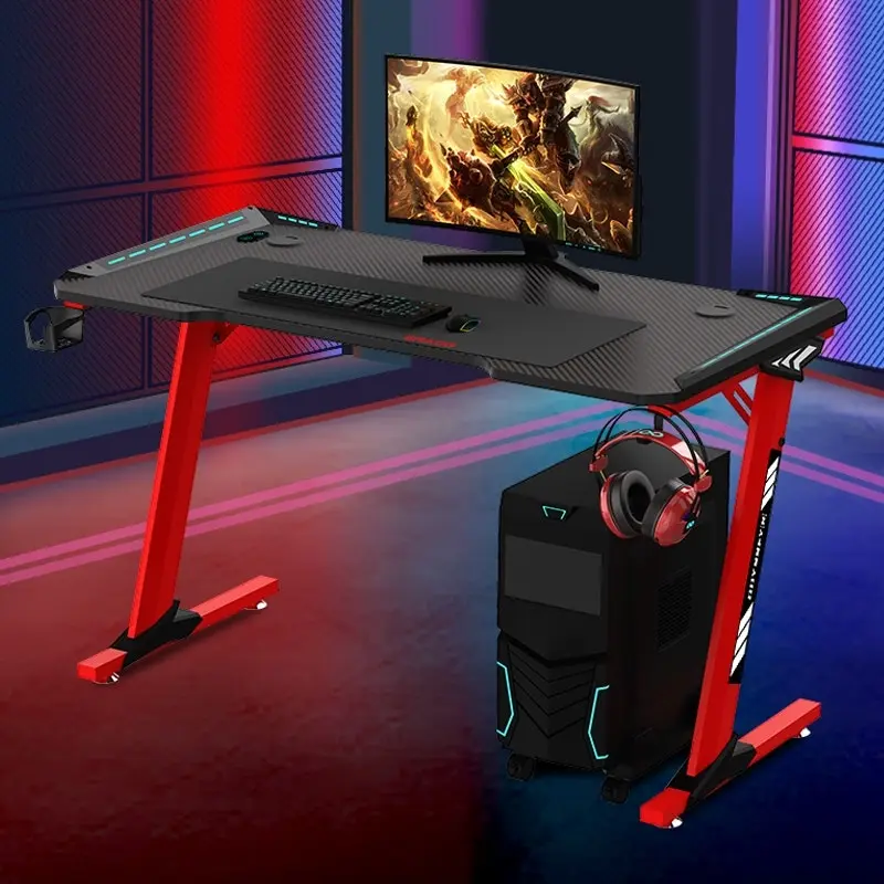 Odyssey8 Single Panel 1.4m Gaming Desk Office Table Desktop with LED Light & Effects - Red