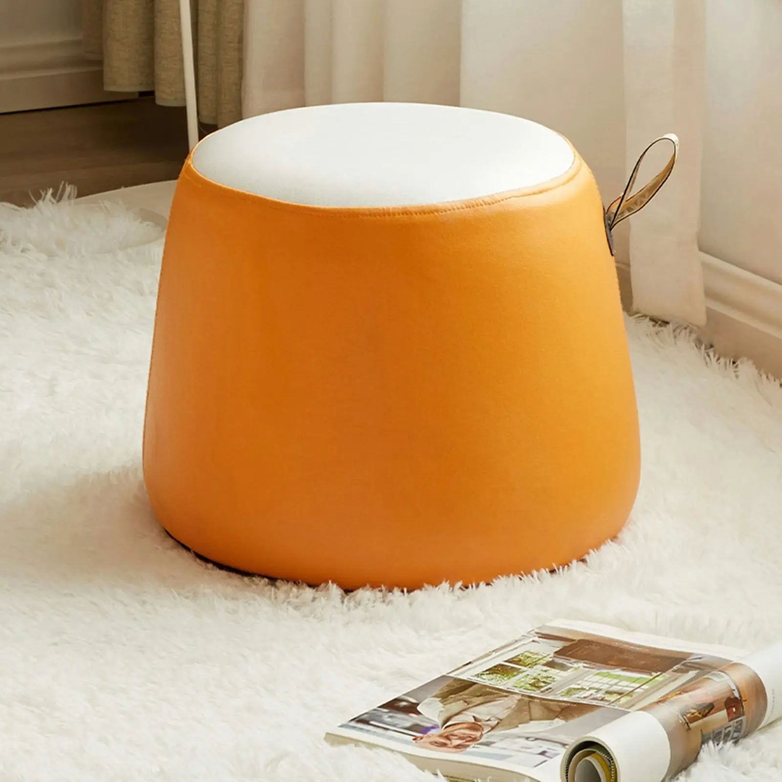 Viviendo Leathaire  Round Ottoman Foot Stool with Handle - Orange