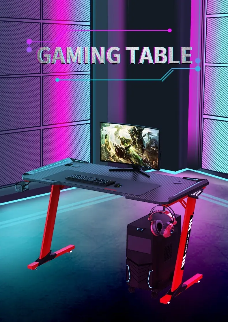 Odyssey8 Single Panel 1.2m Gaming Desk Office Table Desktop with LED Light & Effects - Red