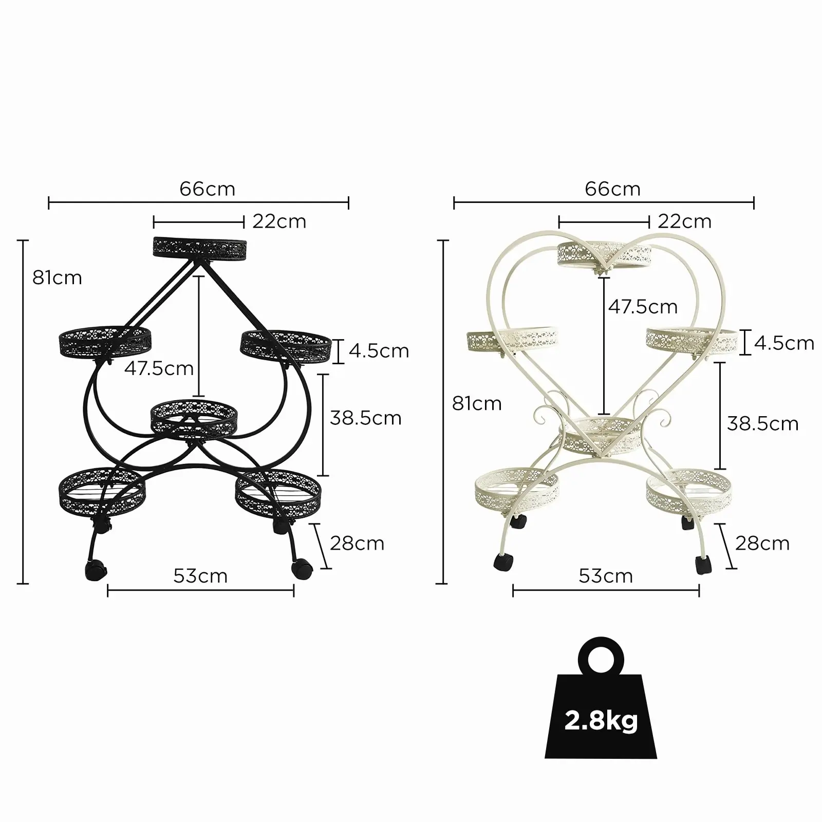 Viviendo 4 Tiers 6 Flower Potted Holders Indoor Metal Plant Stand with Wheels - Spades White