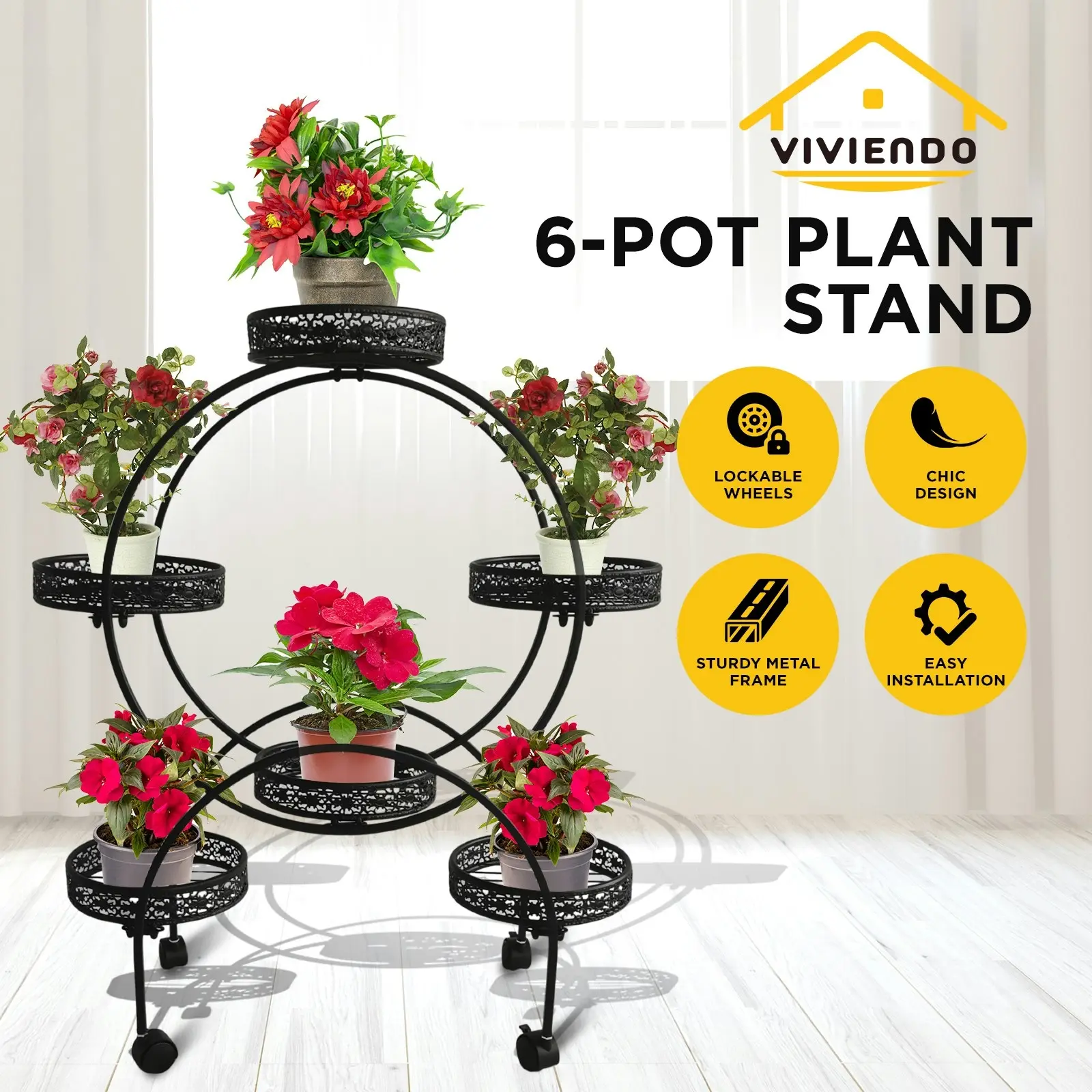 Viviendo 4 Tiers 6 Flower Potted Holders Indoor Metal Plant Stand with Wheels - Round White