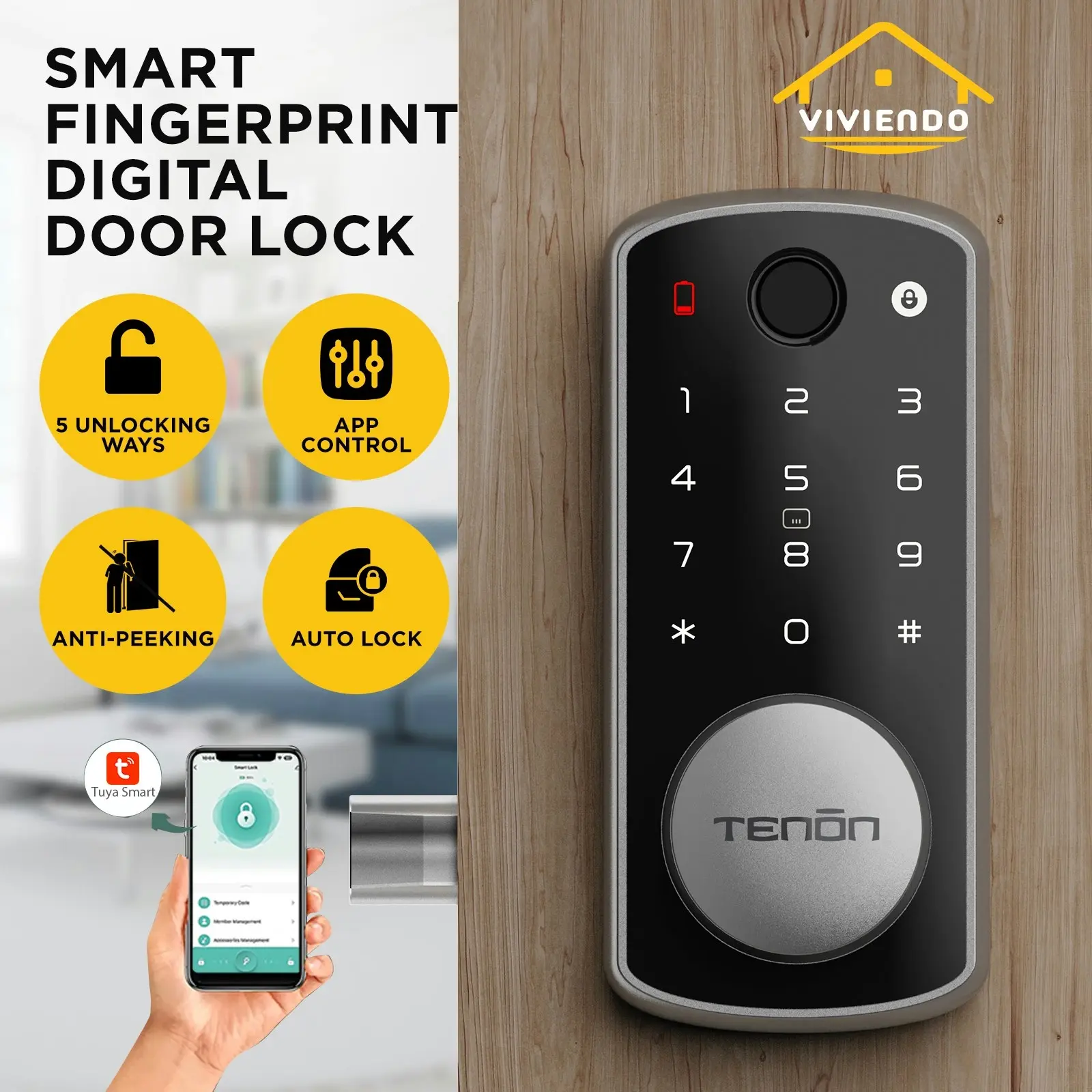 Tenon K7 Bluetooth Smart Door Lock Fingerprints Keypad Remote Access - Black