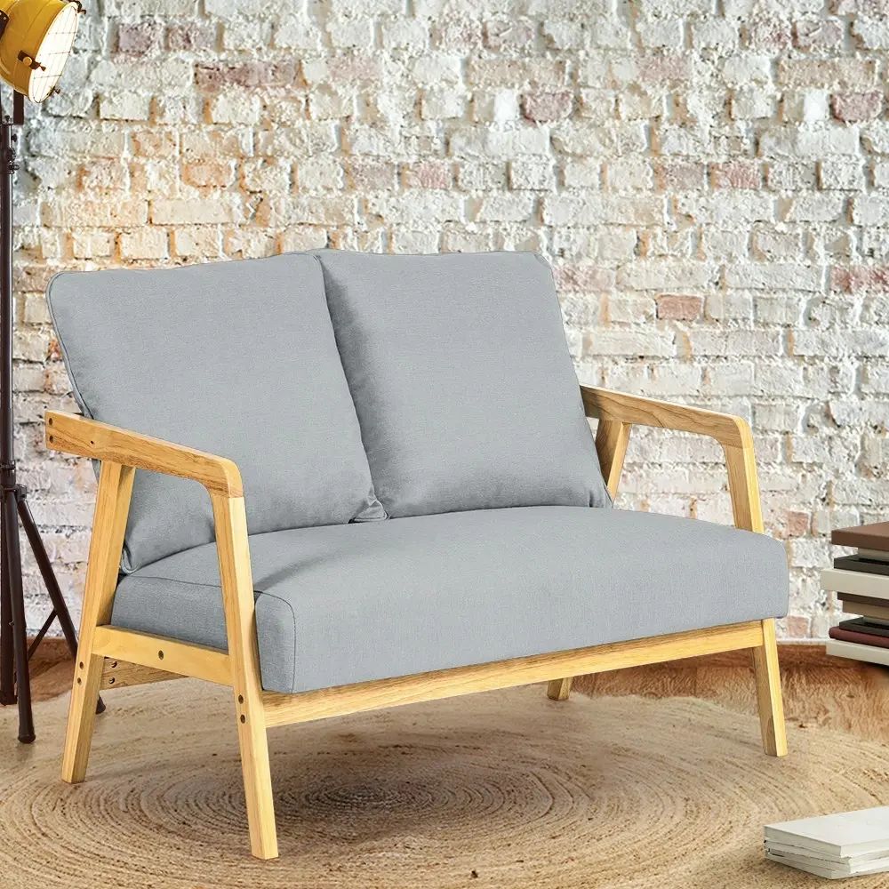 Furb Armchair 2 Seater Armchairs Sofa Lounge Wood Fabric Retro Couch Light Grey