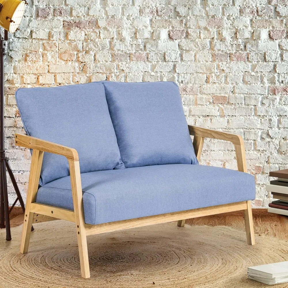 Furb Armchair 2 Seater Armchairs Sofa Lounge Wood Fabric Retro Couch Light Blue