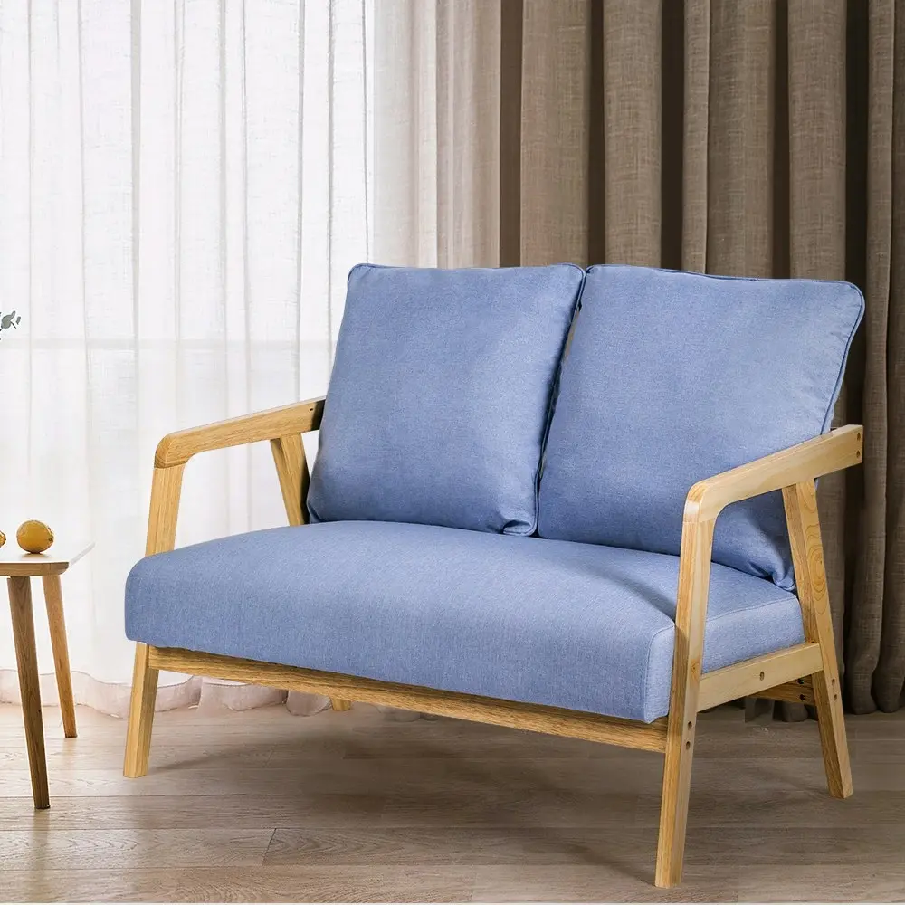 Furb Armchair 2 Seater Armchairs Sofa Lounge Wood Fabric Retro Couch Light Blue