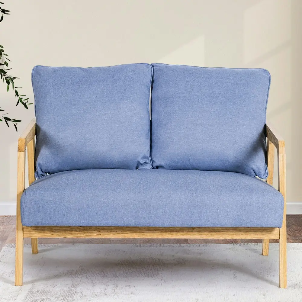 Furb Armchair 2 Seater Armchairs Sofa Lounge Wood Fabric Retro Couch Light Blue