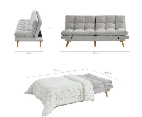 Sebastian 3 Seater Velvet Sofa Bed Futon Light Grey