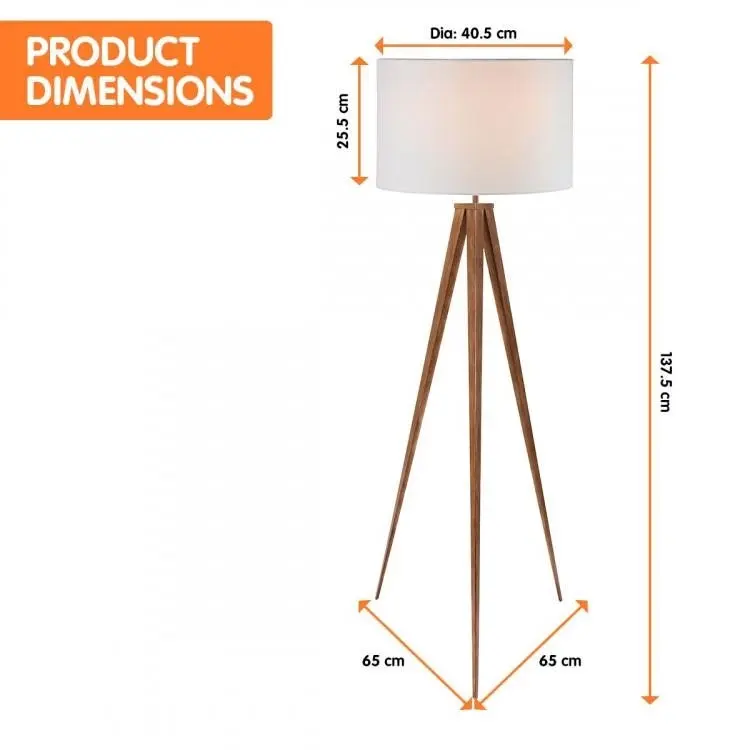 Metal Tripod Floor Spot Lamp Shade Drum In Wooden Finish