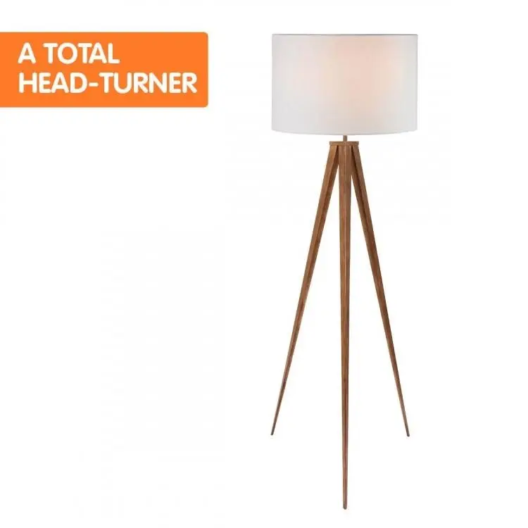 Metal Tripod Floor Spot Lamp Shade Drum In Wooden Finish