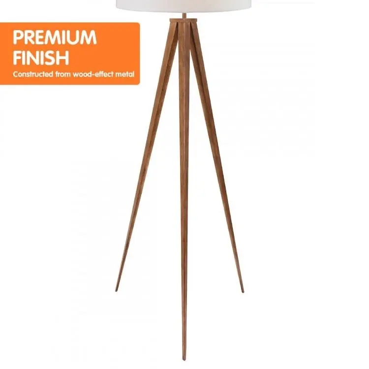 Metal Tripod Floor Spot Lamp Shade Drum In Wooden Finish