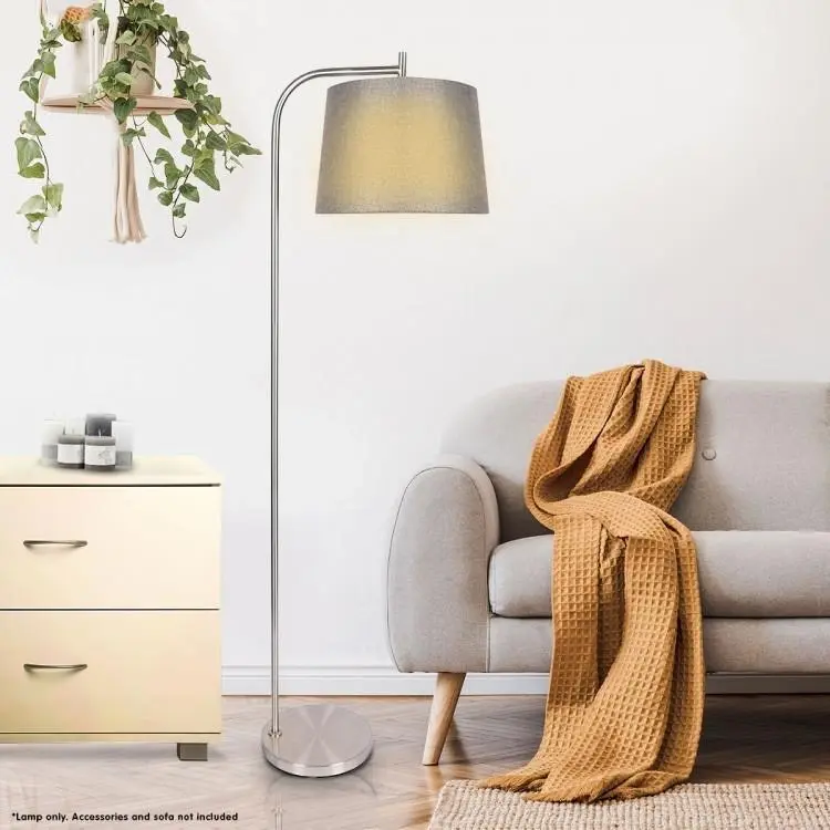 Metal Task Floor Lamp In Nickel Finish With Grey Linen Fabric Shade