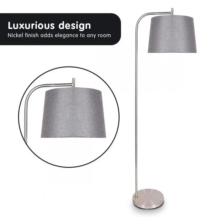 Metal Task Floor Lamp In Nickel Finish With Grey Linen Fabric Shade