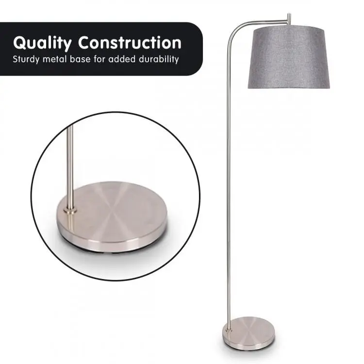 Metal Task Floor Lamp In Nickel Finish With Grey Linen Fabric Shade