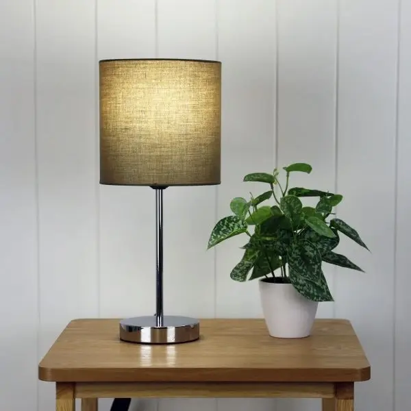 ZOLA TABLE LAMP Chrome Basewith Taupe Shade