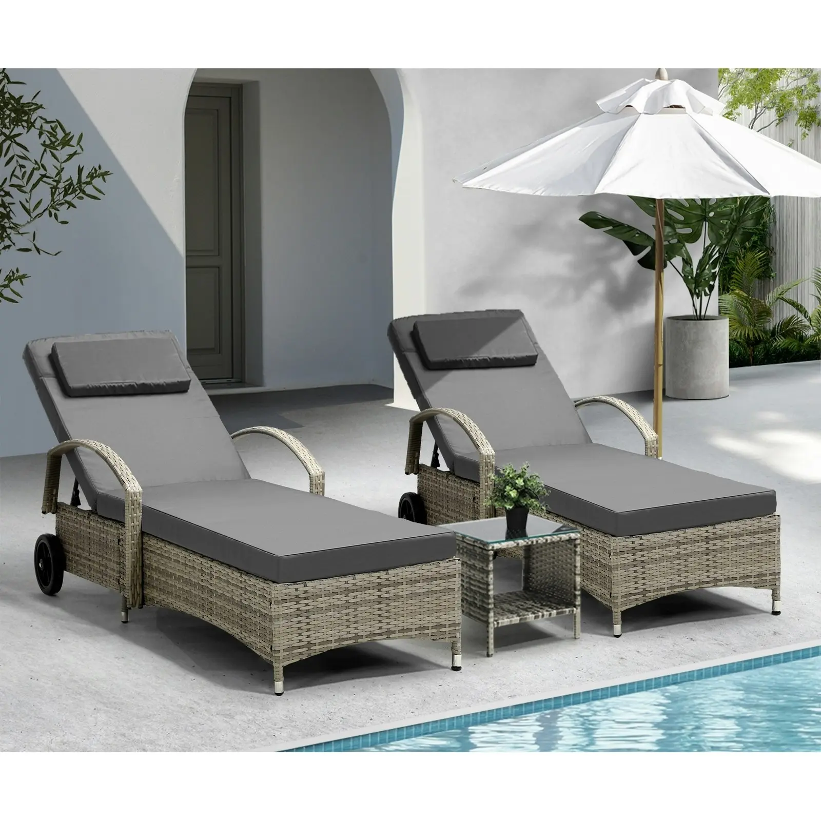 Livsip 2x Wheeled Sun Lounger Day Bed W/ Table Outdoor Setting Patio Furniture