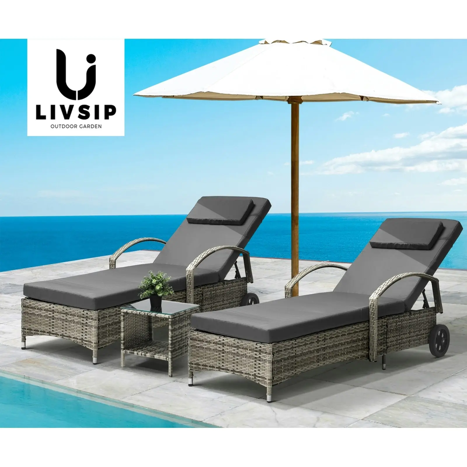 Livsip 2x Wheeled Sun Lounger Day Bed W/ Table Outdoor Setting Patio Furniture