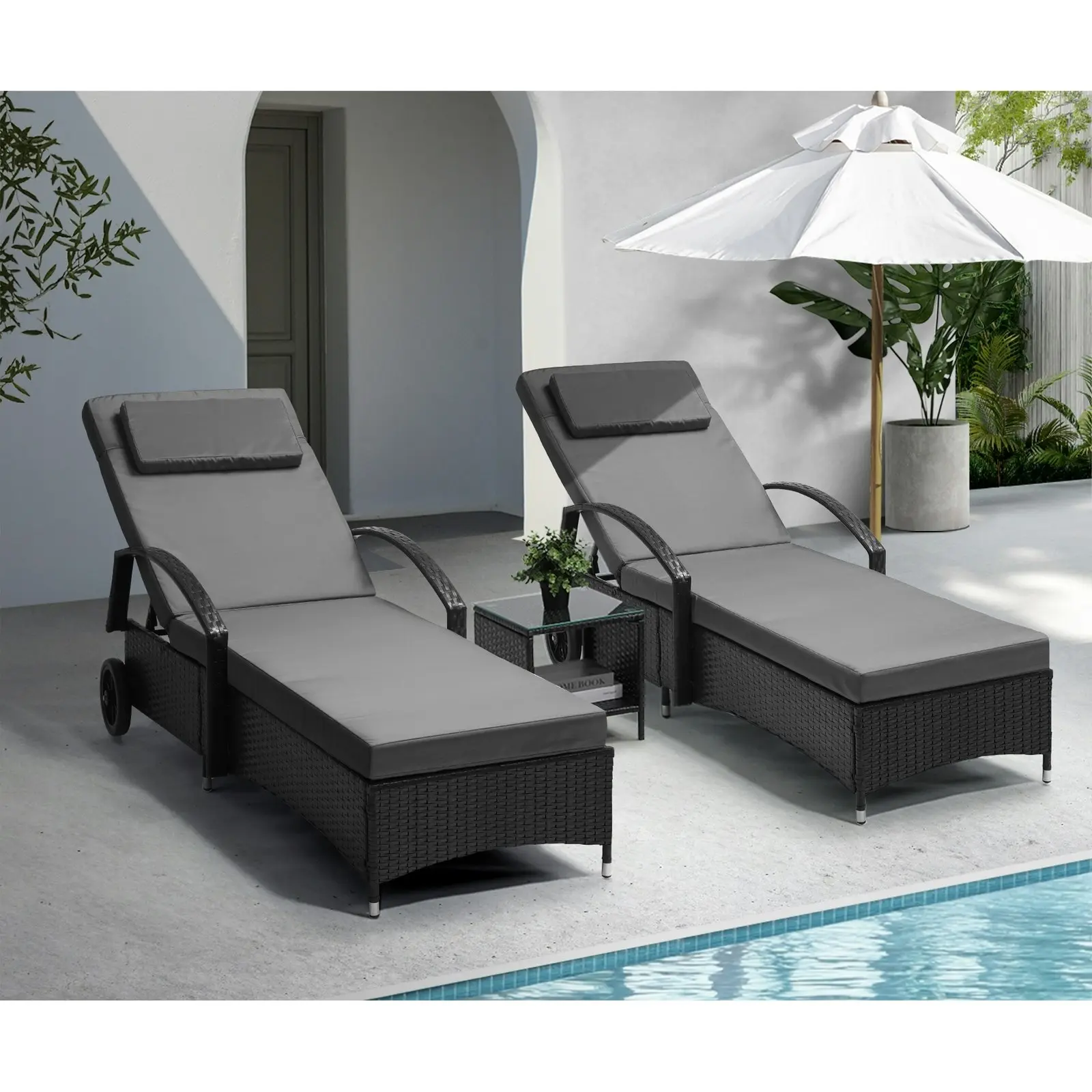 Livsip 2x Wheeled Sun Lounger Day Bed & Table Outdoor Setting Patio Furniture