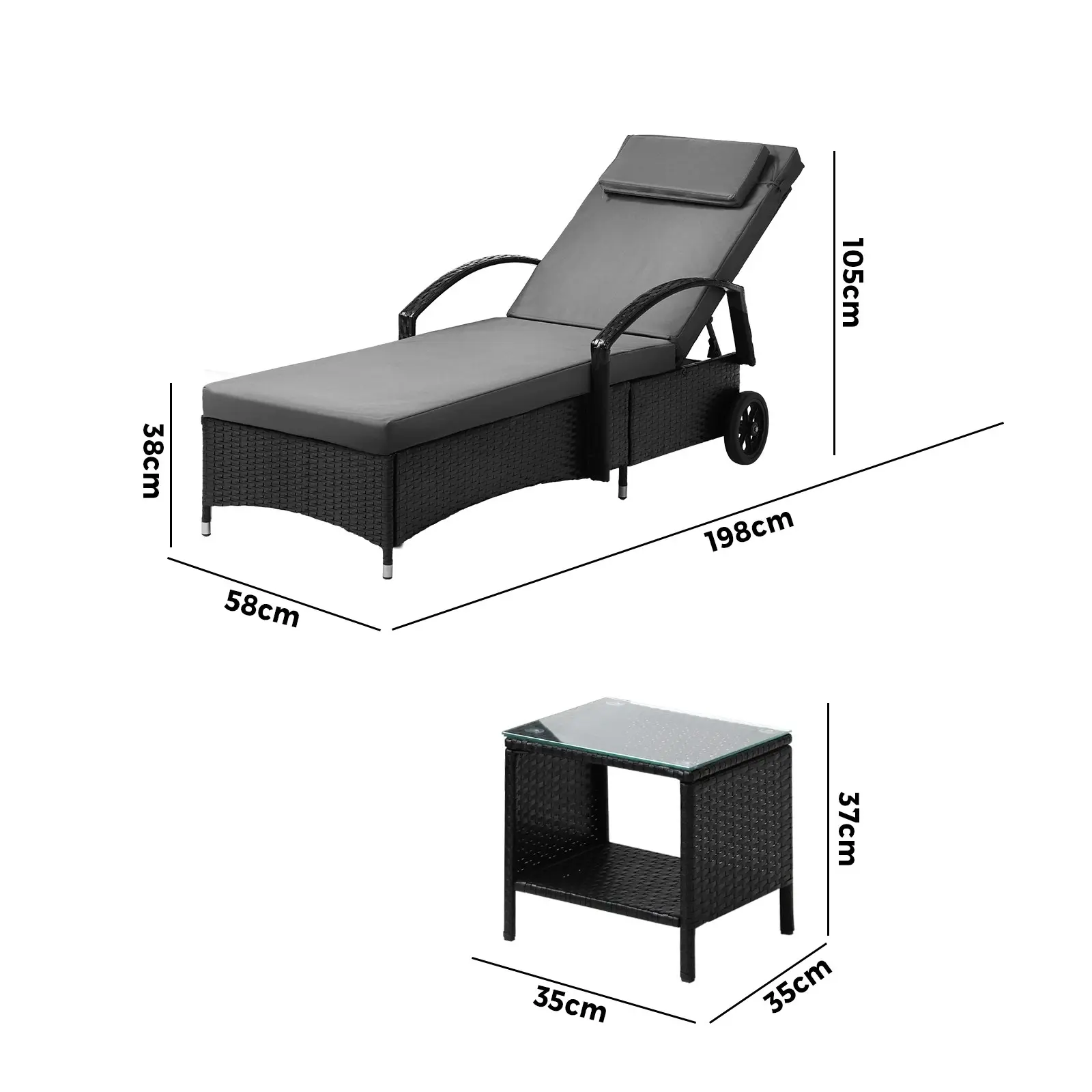 Livsip 2x Wheeled Sun Lounger Day Bed & Table Outdoor Setting Patio Furniture