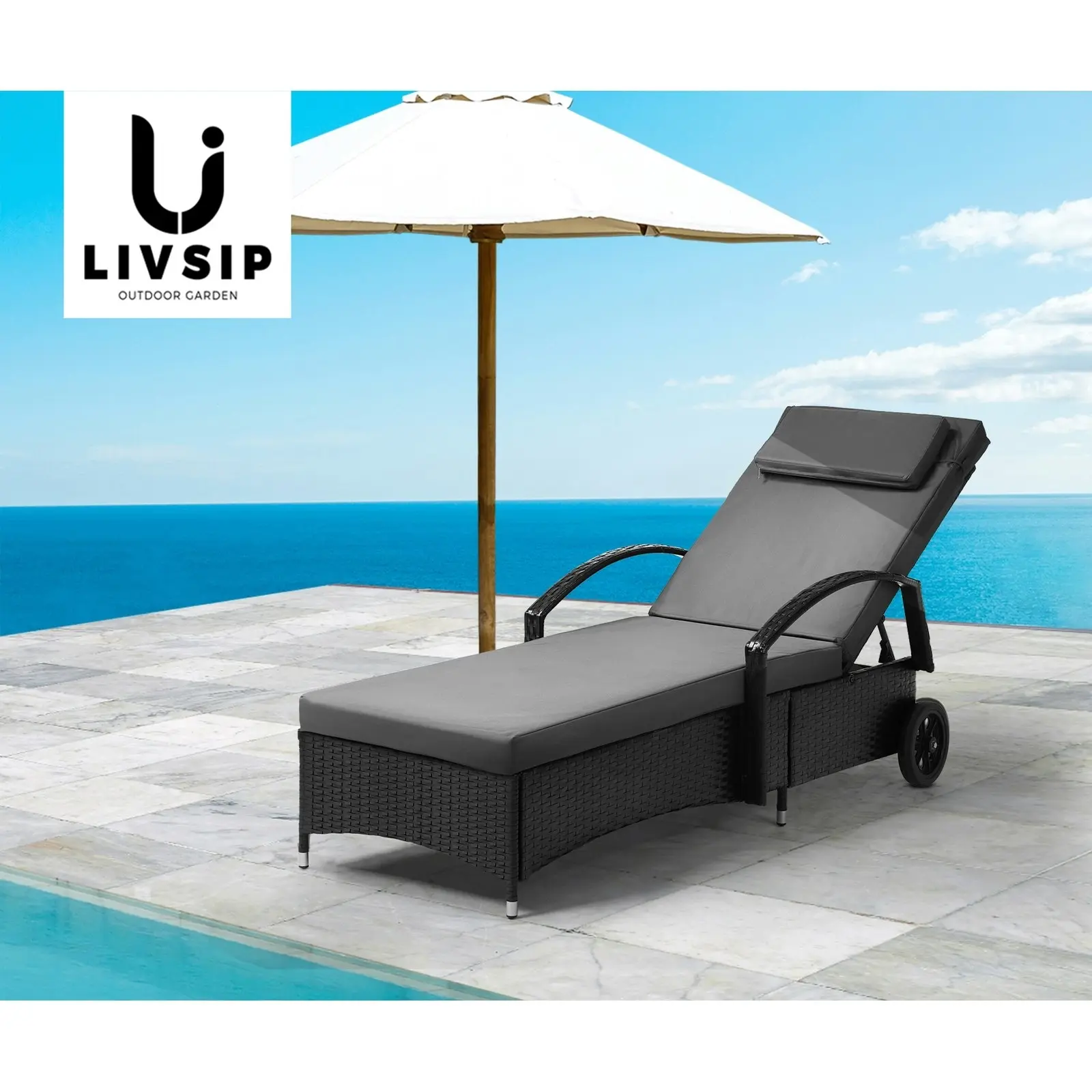 Livsip Wheeled Sun Lounger Day Bed Outdoor Setting Patio Furniture Black