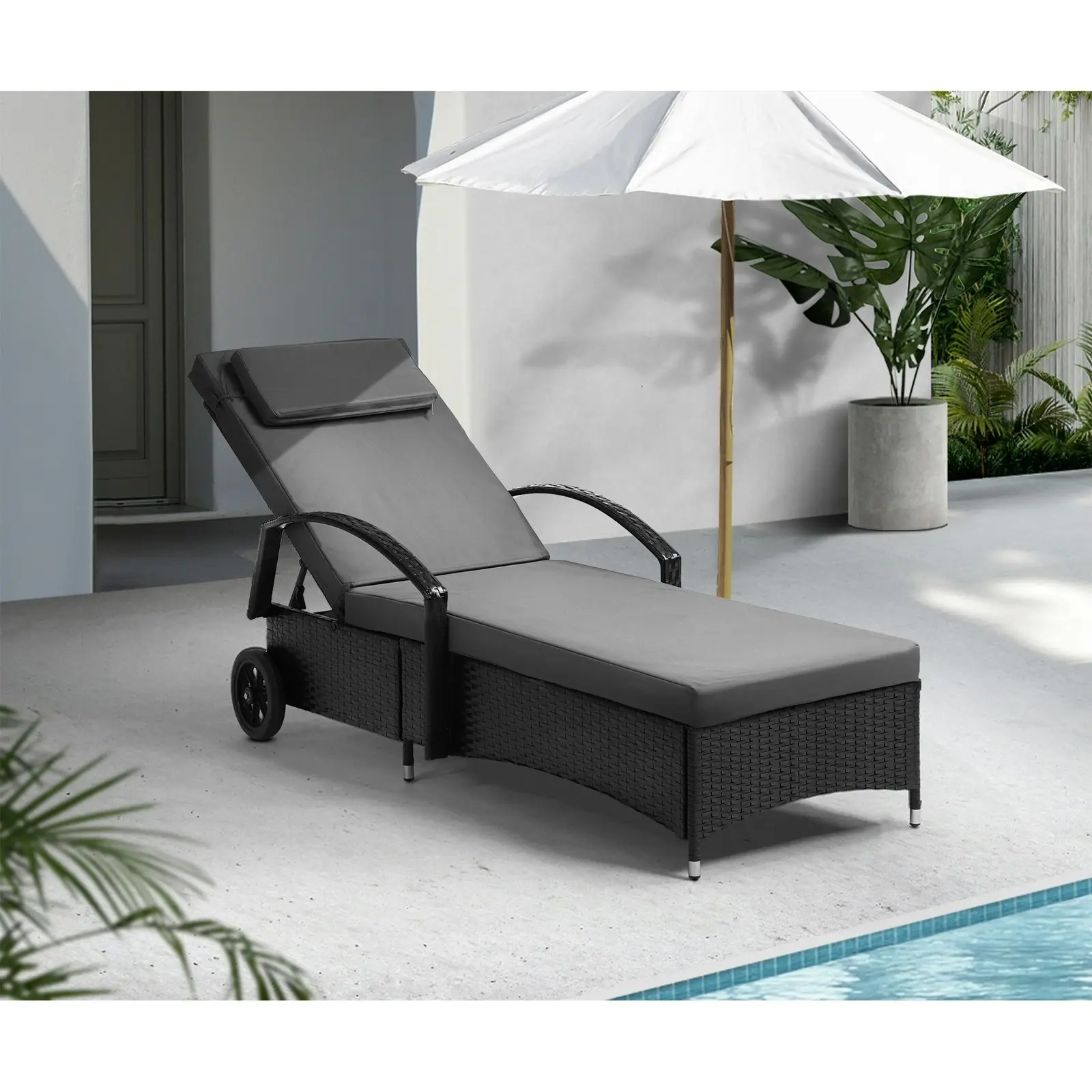 Livsip Wheeled Sun Lounger Day Bed Outdoor Setting Patio Furniture Black