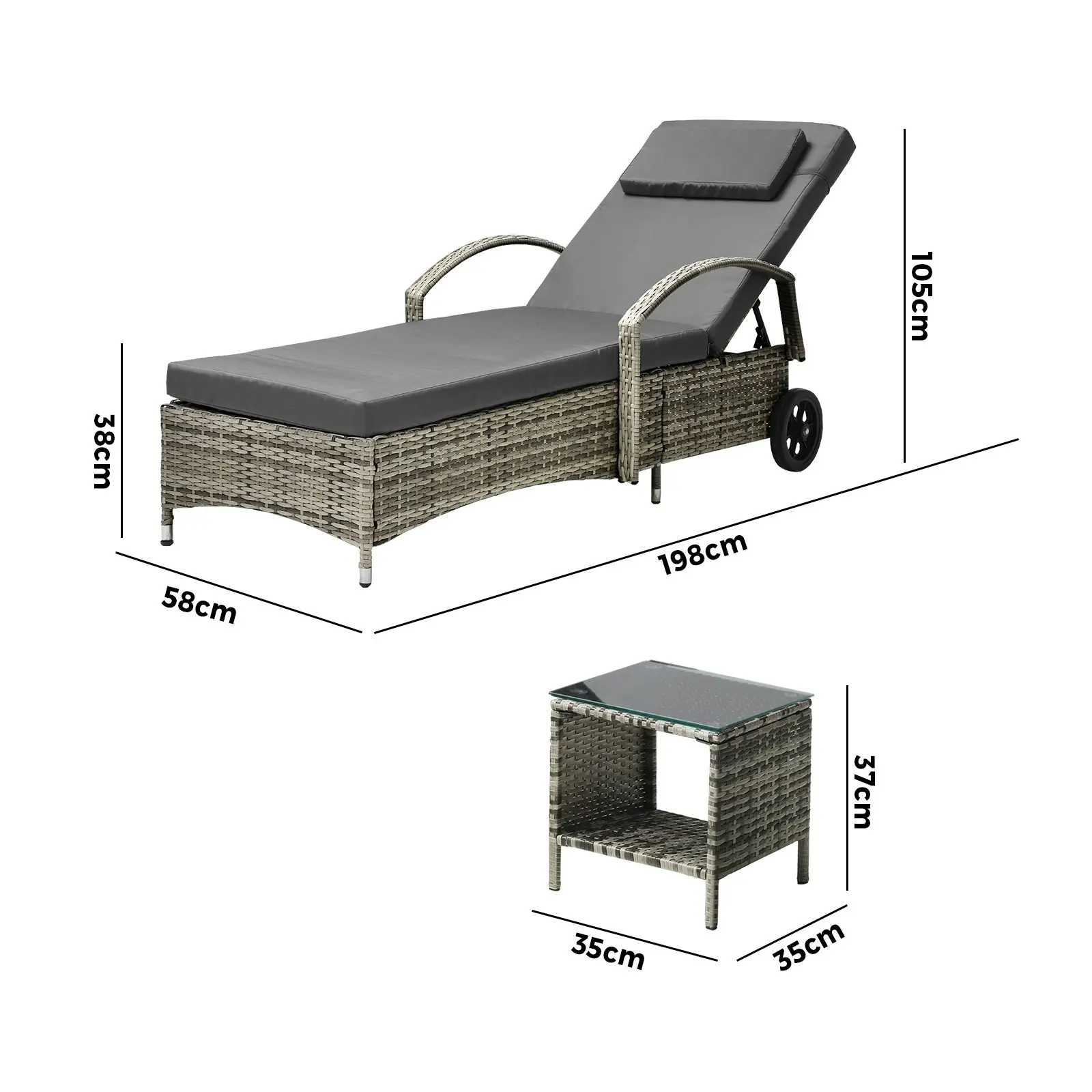 Livsip Sun Lounger Wheeled Day Bed with Table Patio Outdoor Setting Furniture