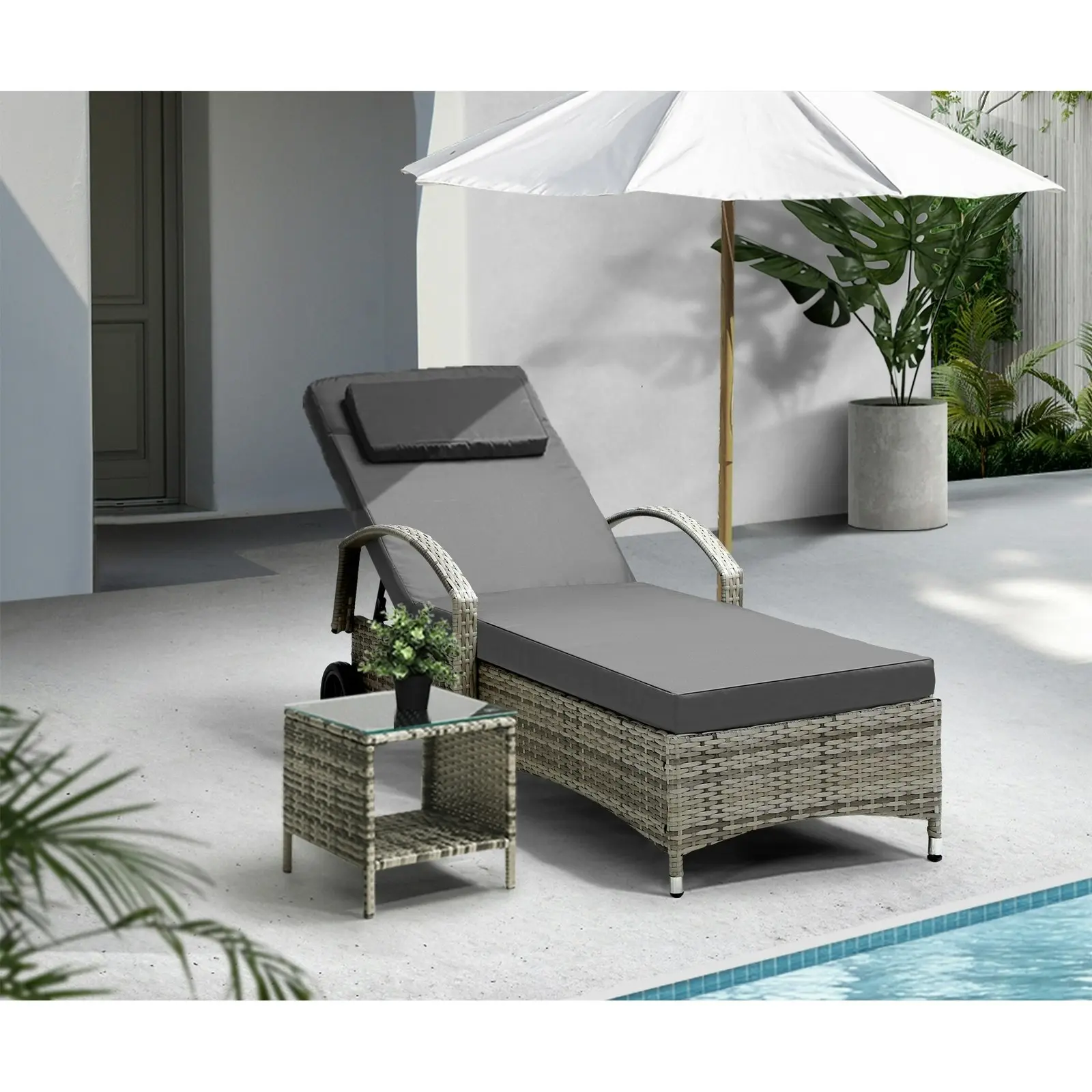 Livsip Sun Lounger Wheeled Day Bed with Table Patio Outdoor Setting Furniture