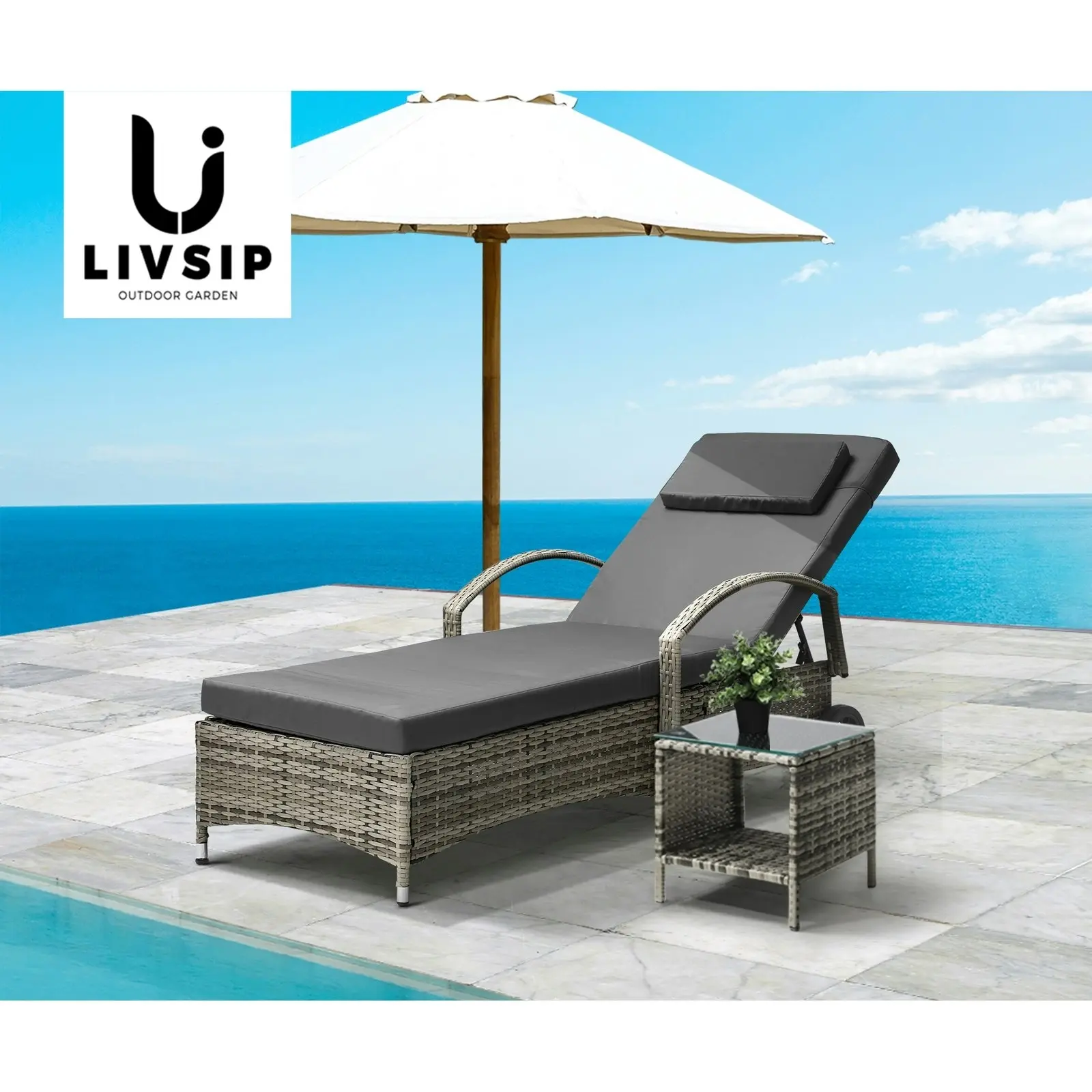 Livsip Sun Lounger Wheeled Day Bed with Table Patio Outdoor Setting Furniture