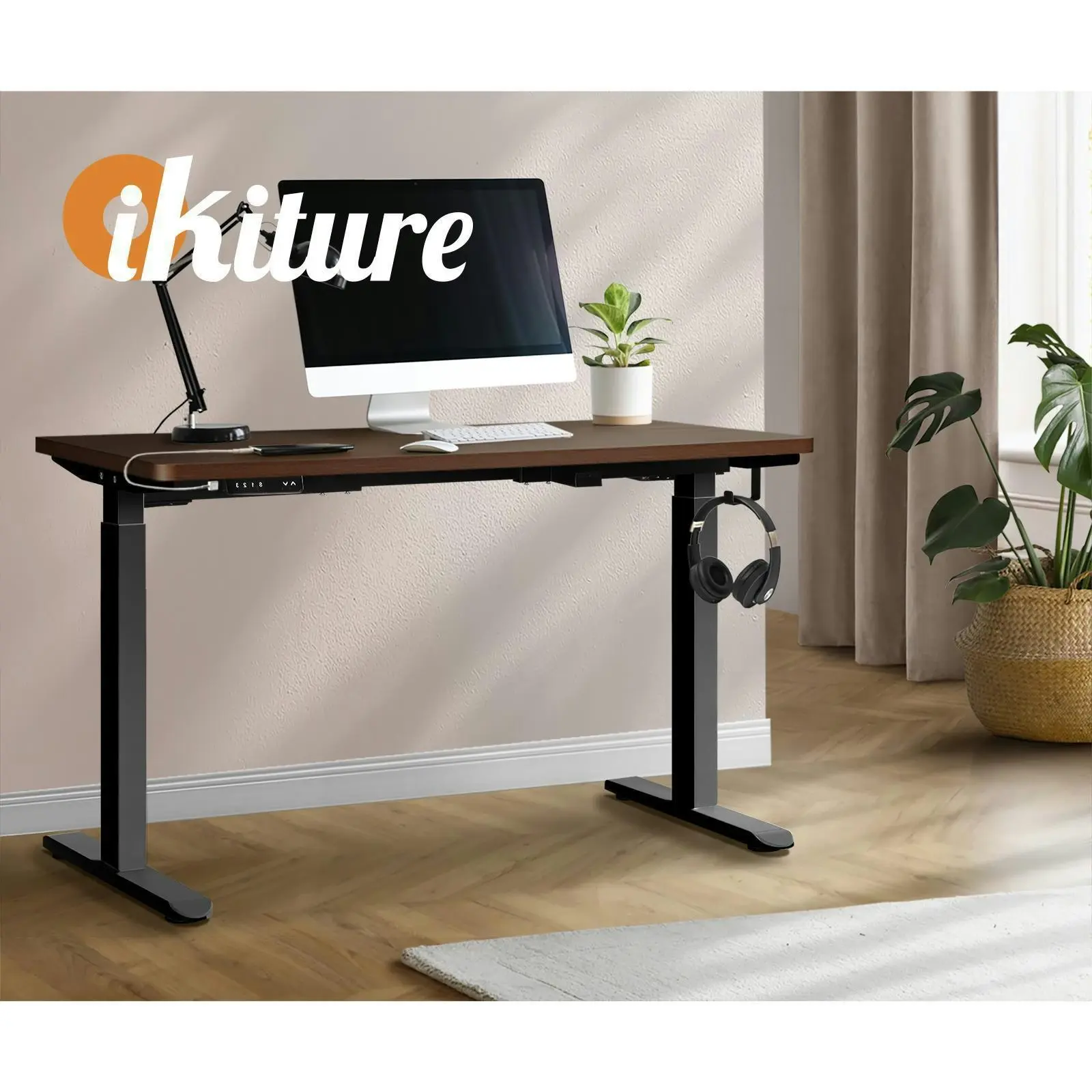 Oikiture 160CM Electric Standing Desk Dual Motor Height Adjustable Motorised Sit Stand Desk Rise Walnut