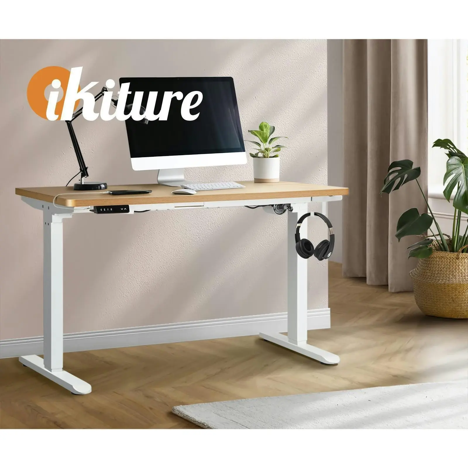 Oikiture 160cm Electric Standing Desk Single Motor Height Adjustable Motorised Sit Stand Desk Rise OAK