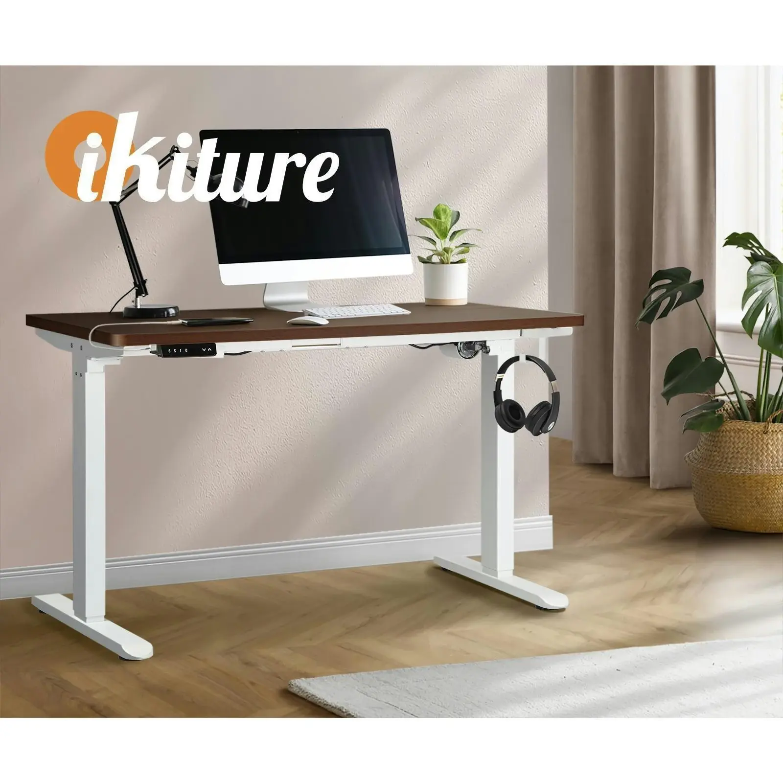 Oikiture 160cm Electric Standing Desk Single Motor Height Adjustable Motorised Sit Stand Desk Rise Walnut