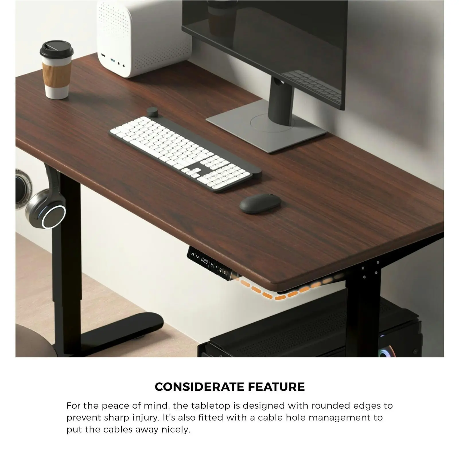 Oikiture 160cm Electric Standing Desk Single Motor Black Frame Walnut Desktop