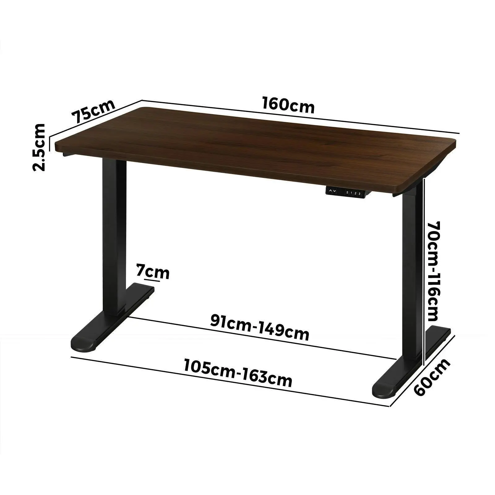 Oikiture 160cm Electric Standing Desk Single Motor Black Frame Walnut Desktop