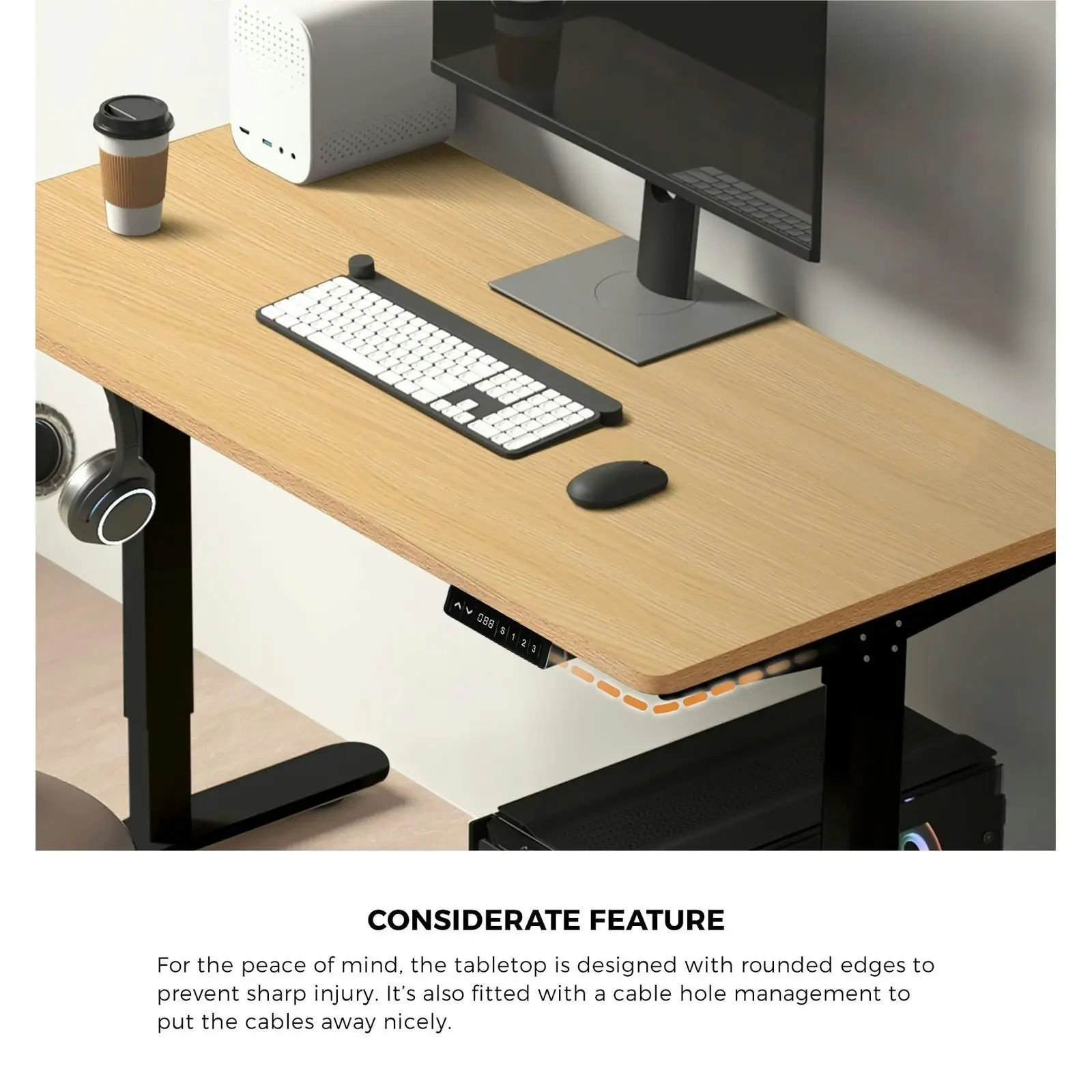 Oikiture 160cm Electric Standing Desk Single Motor Black Frame OAK Desktop