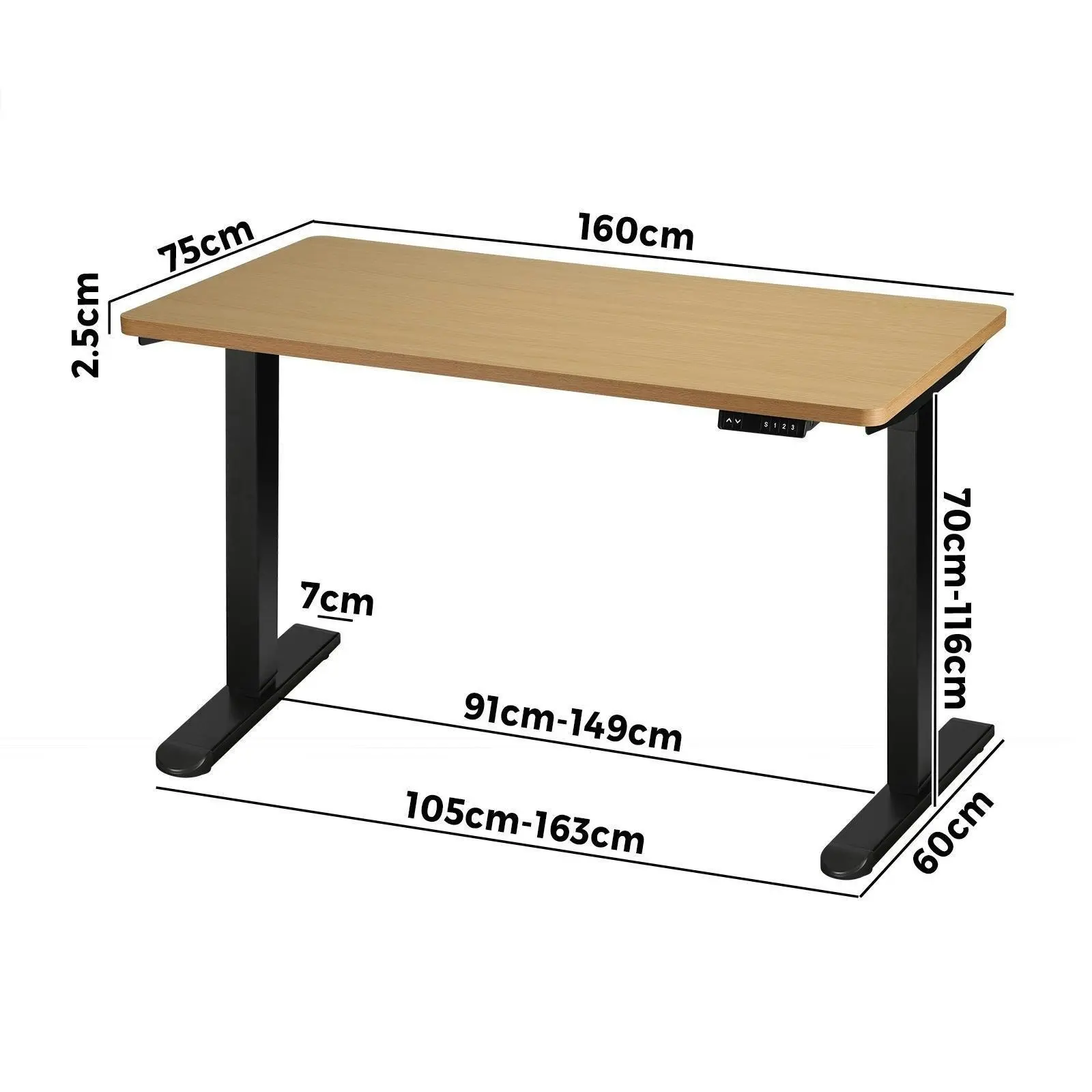 Oikiture 160cm Electric Standing Desk Single Motor Black Frame OAK Desktop