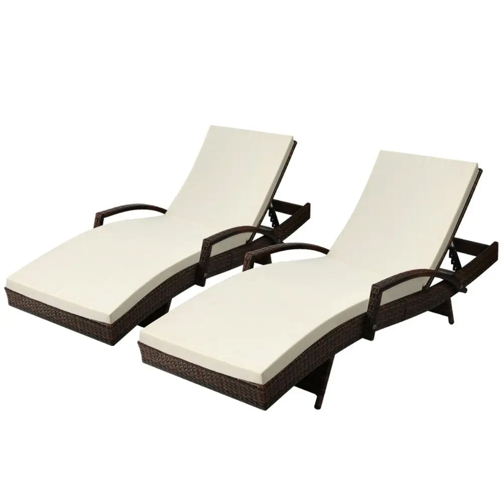 Gardeon 2PC Sun Lounge Wicker Lounger Outdoor Furniture Beach Chair Patio  Adjustable Cushion Brown