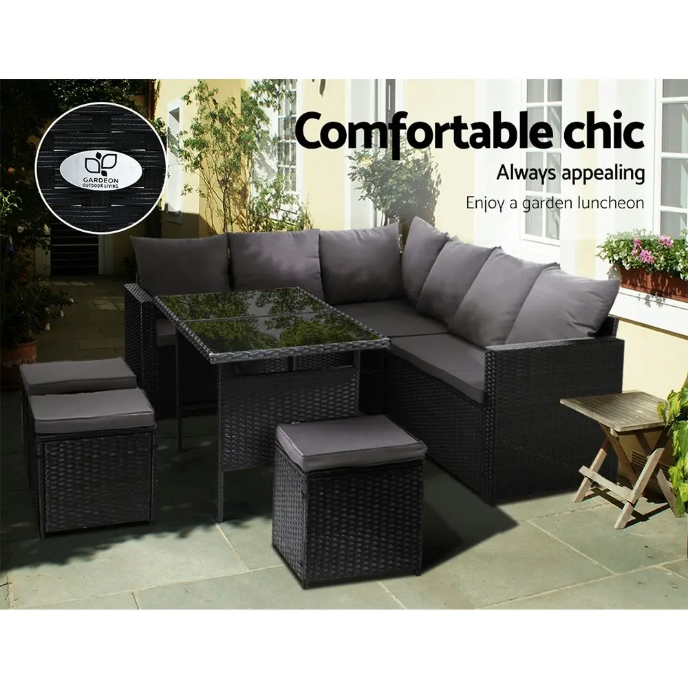 Gardeon Outdoor Dining Set Sofa Lounge Setting Chairs Table Ottoman Lawn Black