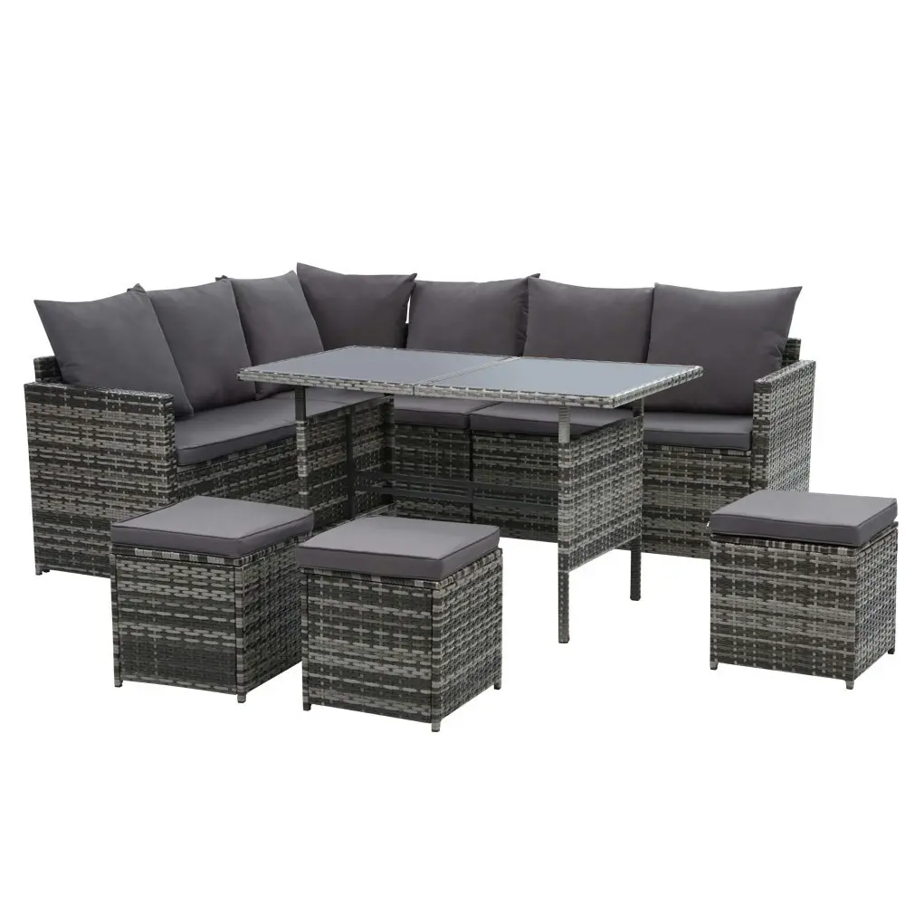 Gardeon Outdoor Dining Set Sofa Lounge Setting Chairs Table Ottoman Lawn Grey