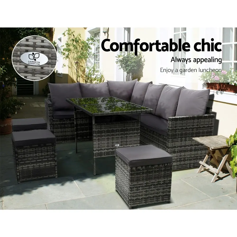 Gardeon Outdoor Dining Set Sofa Lounge Setting Chairs Table Ottoman Lawn Grey