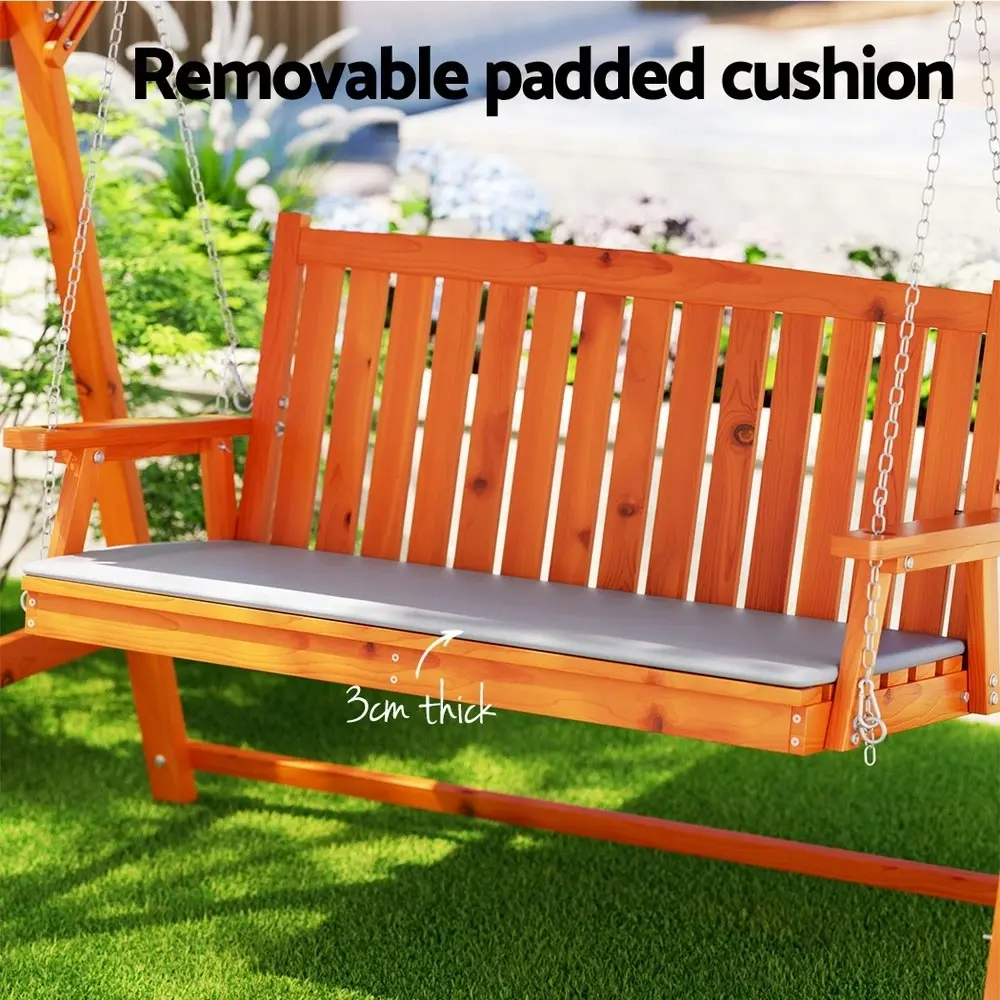 Gardeon Outdoor Wooden Swing Chair Garden Bench Canopy Cushion 3 Seater Teak