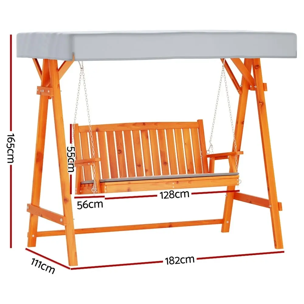 Gardeon Outdoor Wooden Swing Chair Garden Bench Canopy Cushion 3 Seater Teak