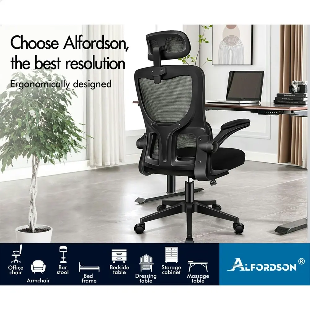 Alfordson Headrest Adjustable Mesh Office Chair with Flip-up Arms All Black