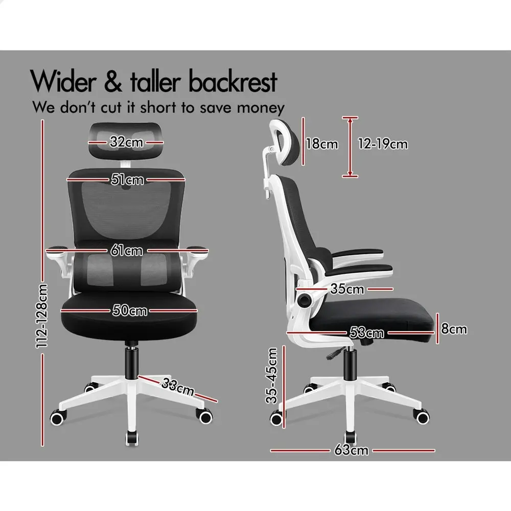 Alfordson Headrest Adjustable Mesh Office Chair with Flip-up Arms White Black